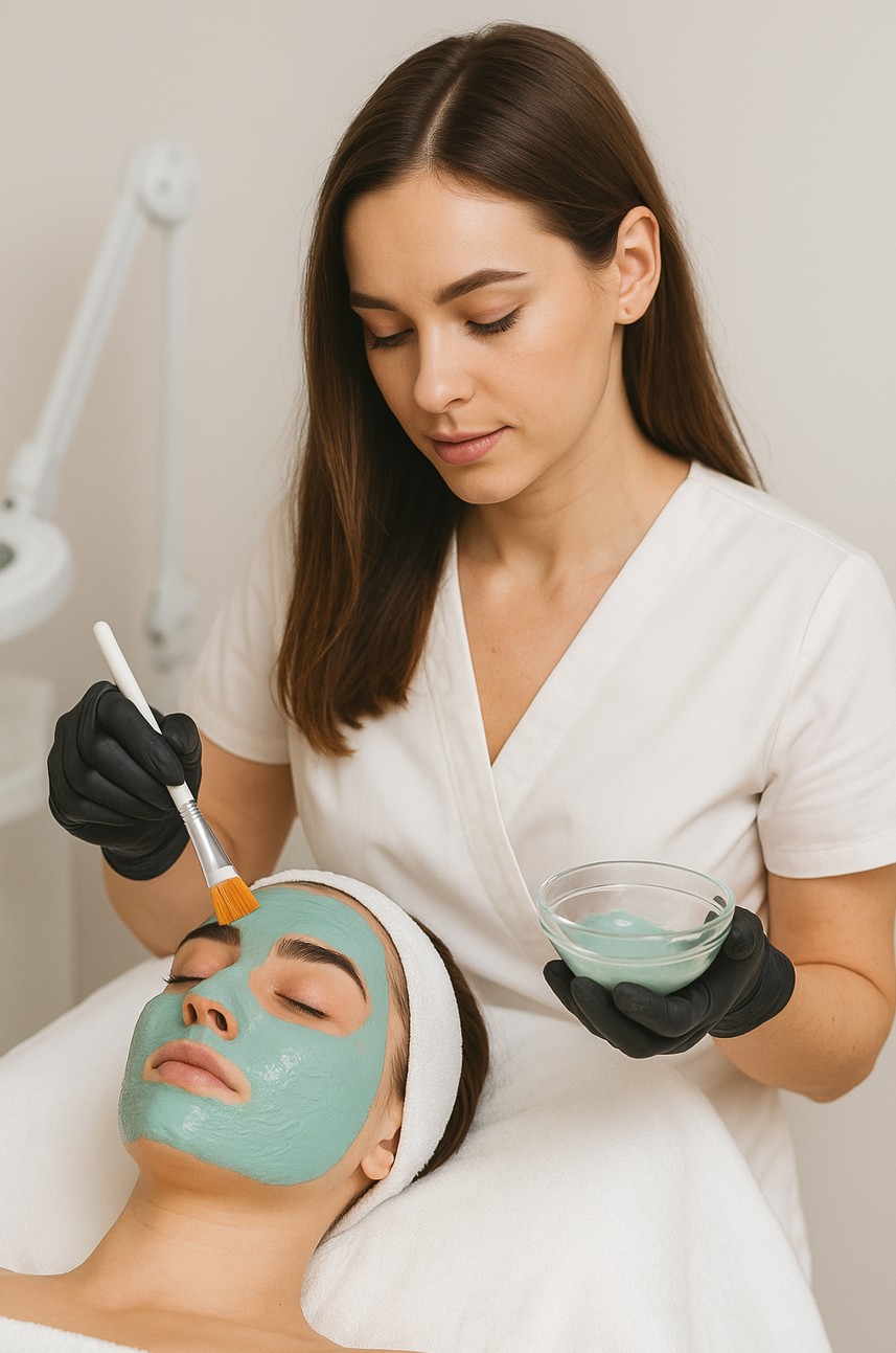 Esthetician applying a clay mask during a facial