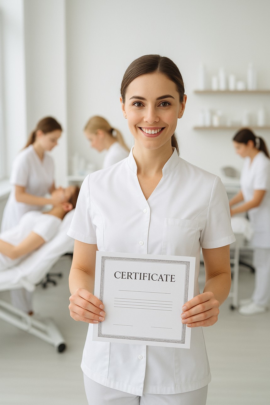 Esthetics graduate holding her certificate