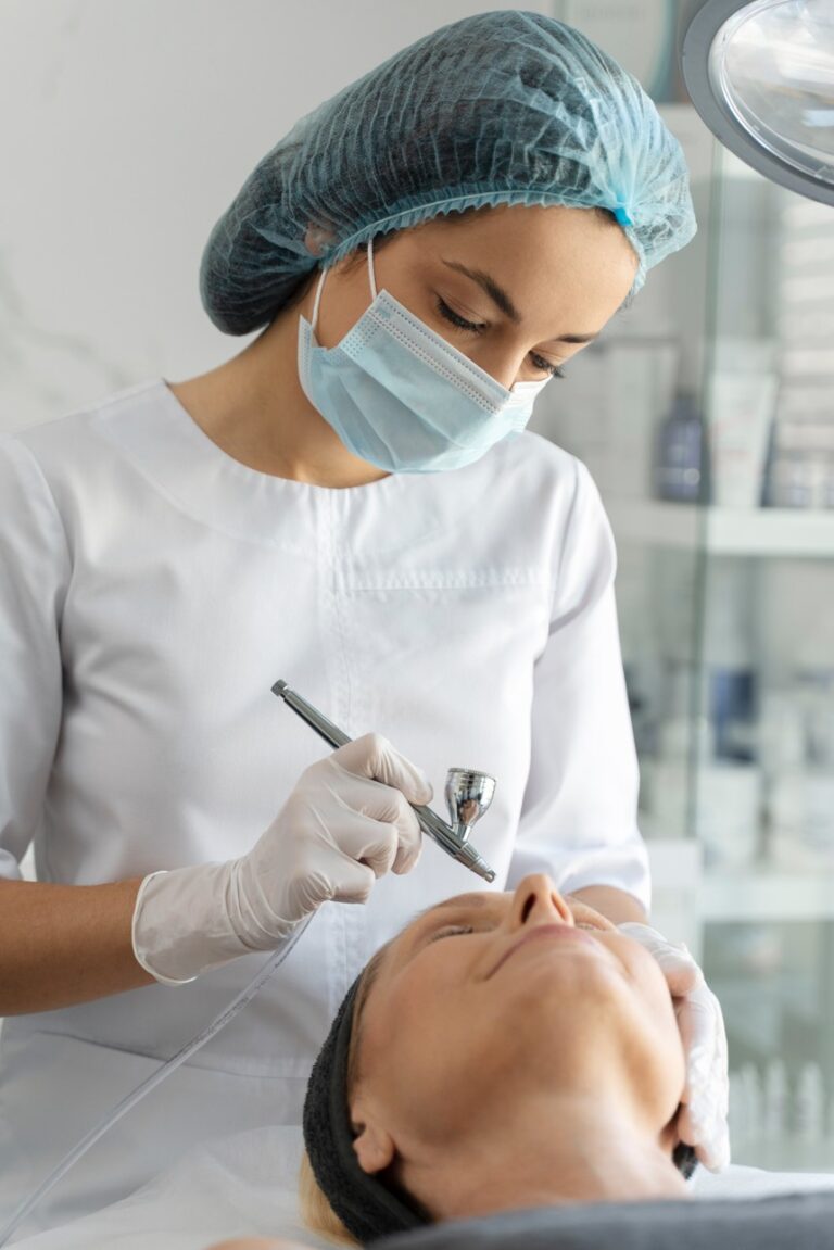 Esthetician performing a skin treatment on a client